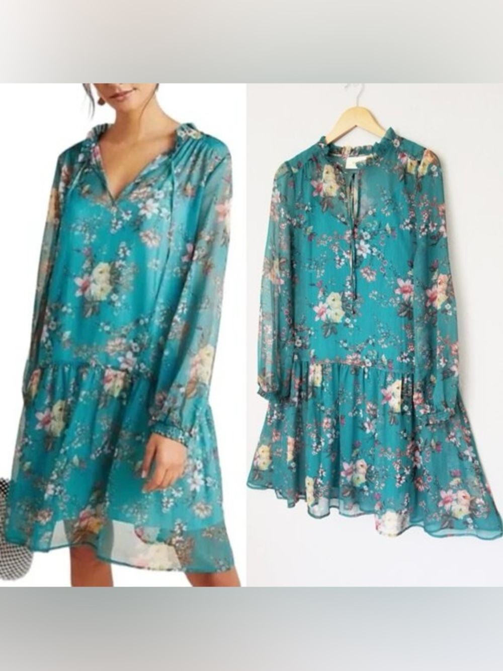 Anthropologie Maeve Emmy Floral Drop Waist Chiffon Dress Long Sleeve Small